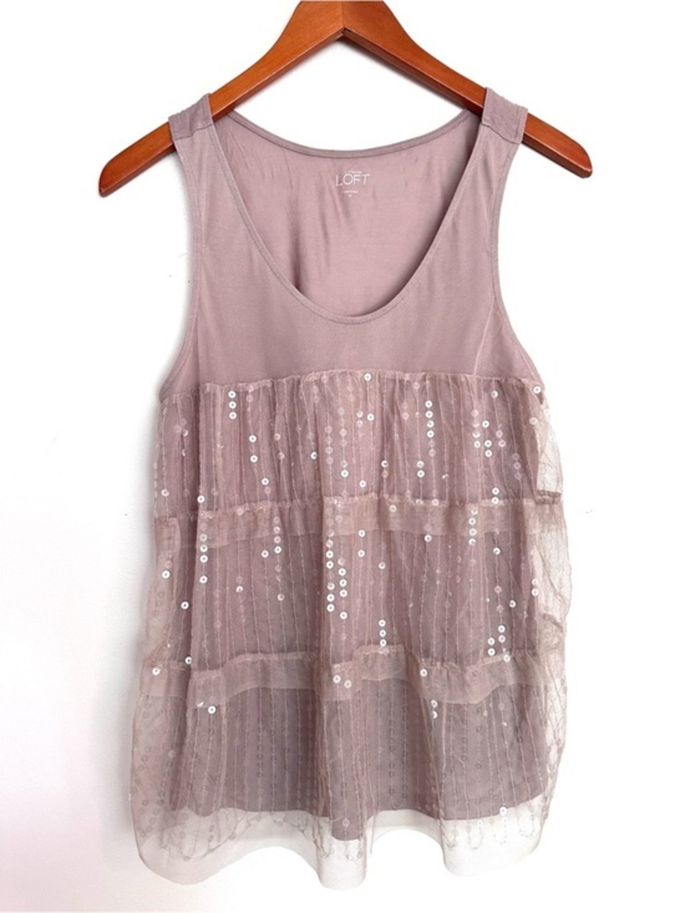LOFT Tan Beige Tiered Sequin Mesh Tank Size Medium